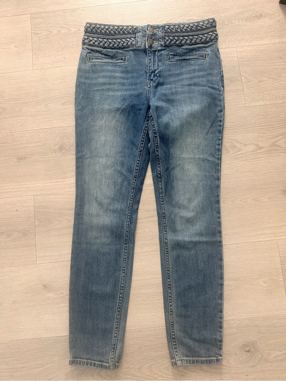 Free People Braided Waist Skinny Jeans in Mid Blue